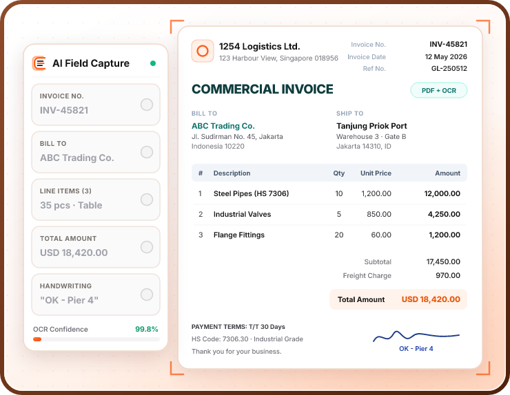 A commercial invoice being scanned and read field by field