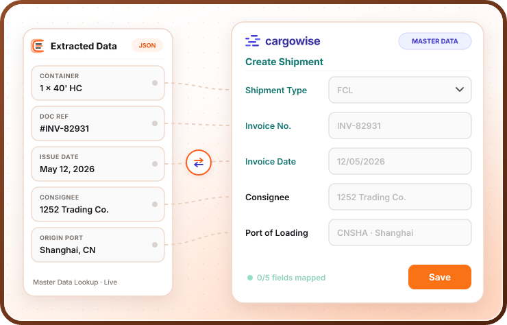 Extracted fields mapped into a CargoWise create-shipment form