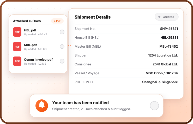 A shipment created in CargoWise with documents attached and the team notified